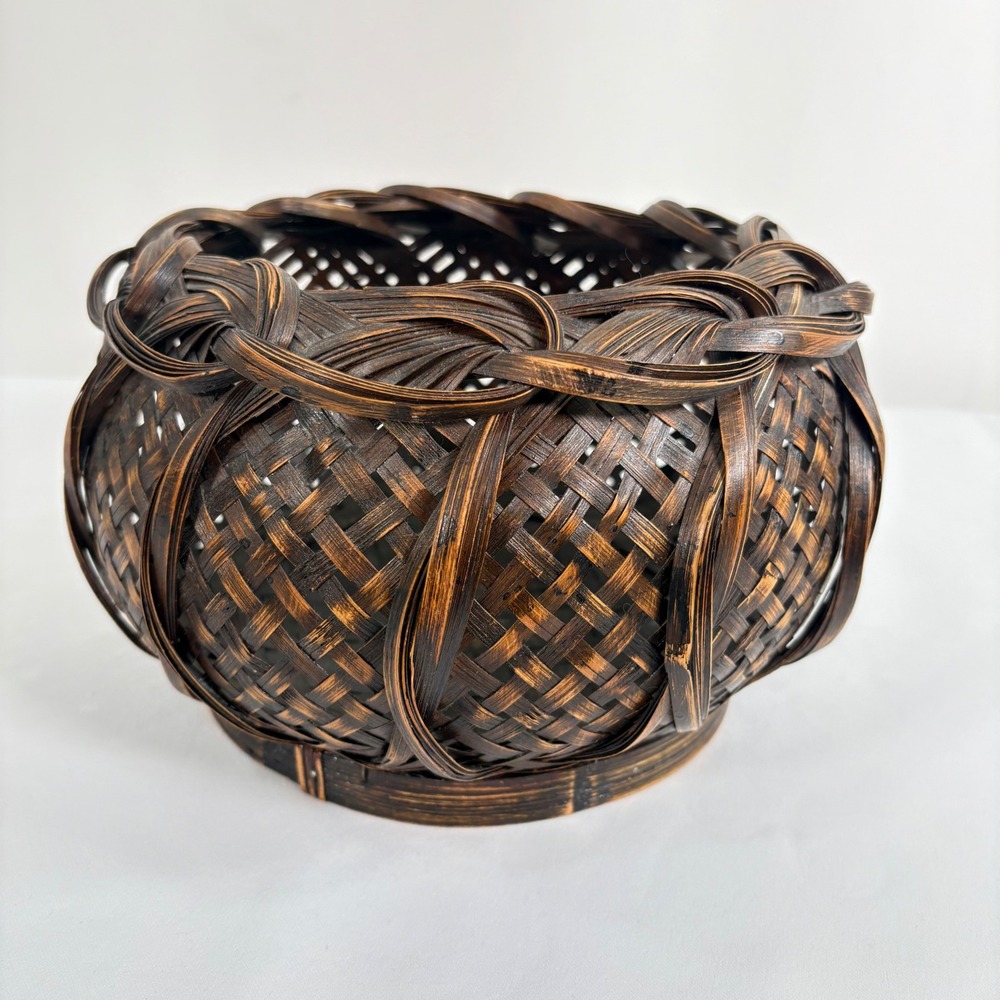 Vintage 80s Woven Bamboo Basket Brown Copper Braided Rim Decorative Bowl